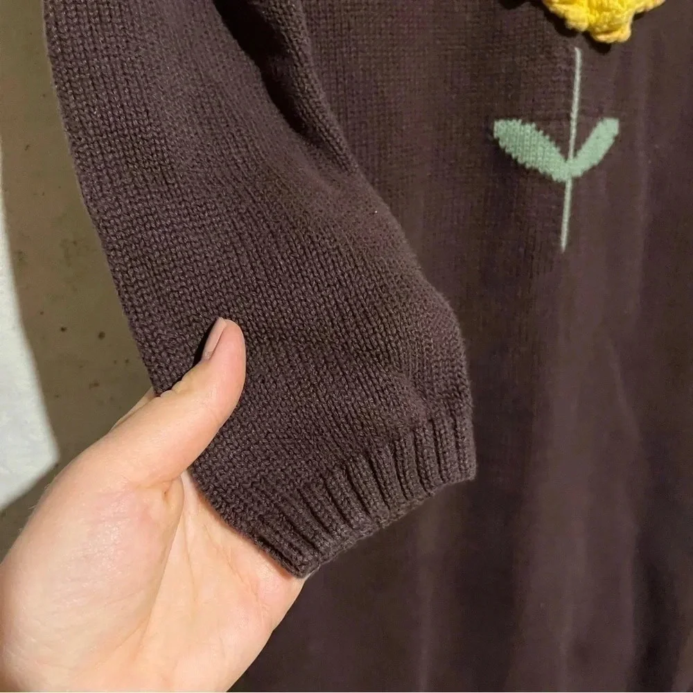 Gymboree Girls 10 Brown Knit Sweater Dress Yellow Flower Long Sleeves